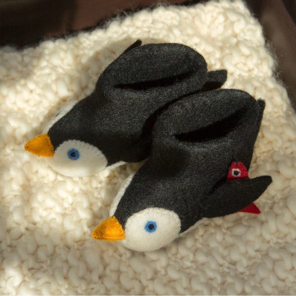 Handmade Felted Wool Penguin Slippers with Suede Soles