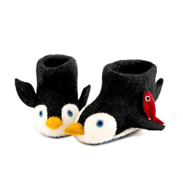 Handmade Felted Wool Penguin Slippers with Suede Soles