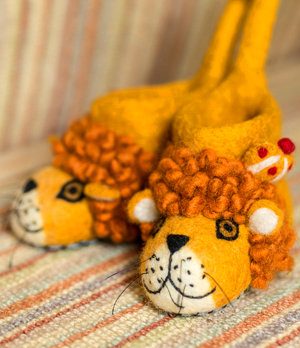 Handmade Felted Wool Lion Slippers with Suede Sole