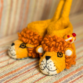 Handmade Felted Wool Lion Slippers with Suede Sole