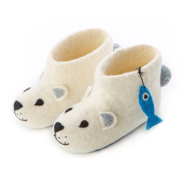 Handmade Felted Wool Polar Bear Slippers with Suede Soles