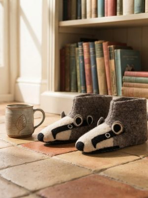 Handmade Felted Wool Badger Slippers with Suede Soles