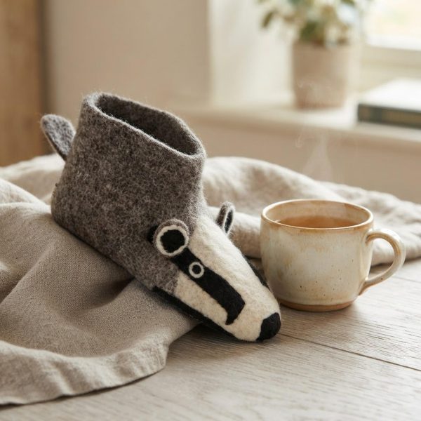 Handmade Felted Wool Badger Slippers with Suede Soles