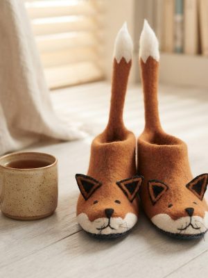 Handmade Felted Wool Fox Slippers with Suede Soles