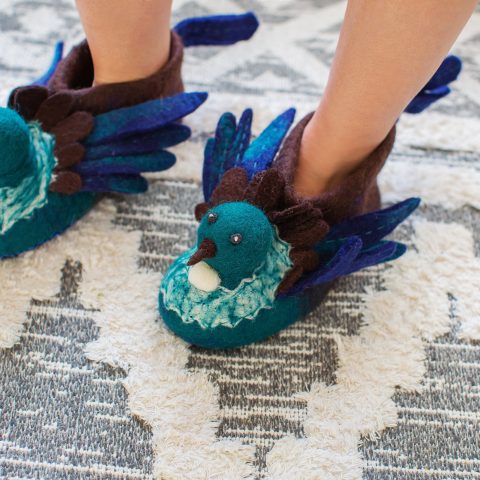 Handmade Felted Wool Hummingbird Slippers with Suede Soles