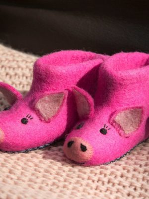 Handmade Felted Wool Pig Slippers with Suede Soles