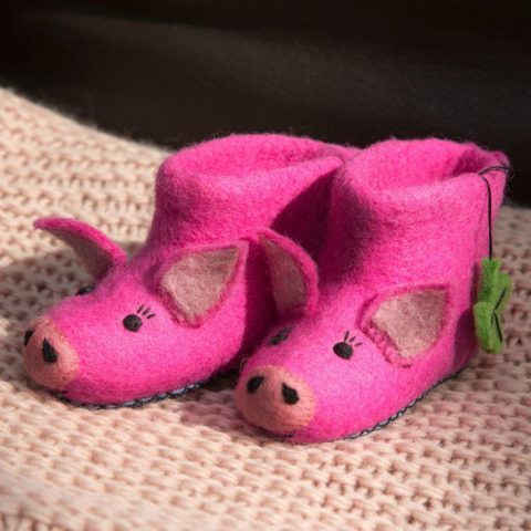 Handmade Felted Wool Pig Slippers with Suede Soles