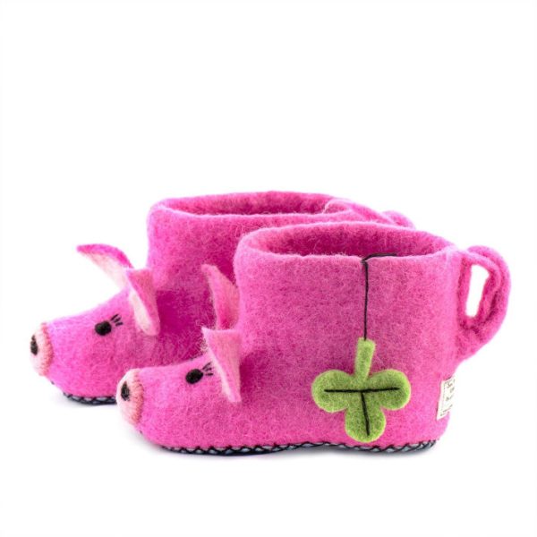 Handmade Felted Wool Pig Slippers with Suede Soles