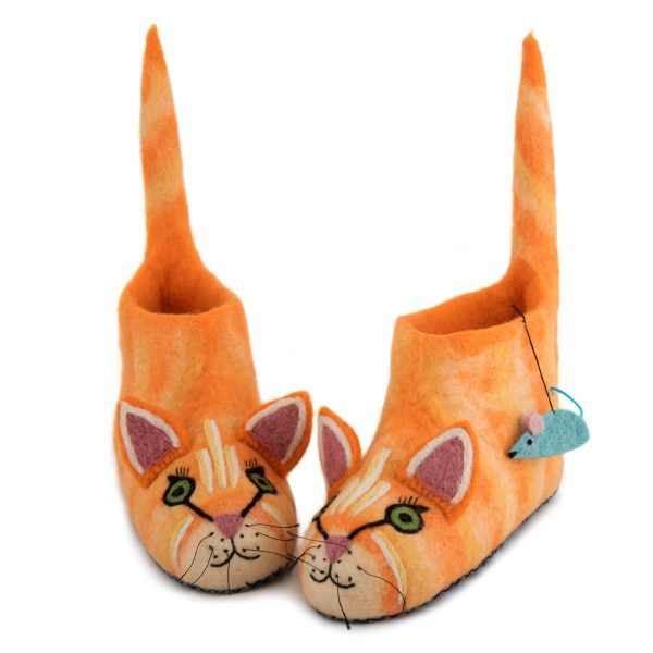 Handmade Felted Wool Cat Slippers with Mouse Detail