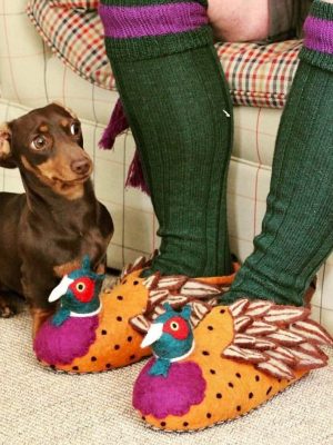 Handmade Felted Wool Pheasant Slippers with Suede Soles